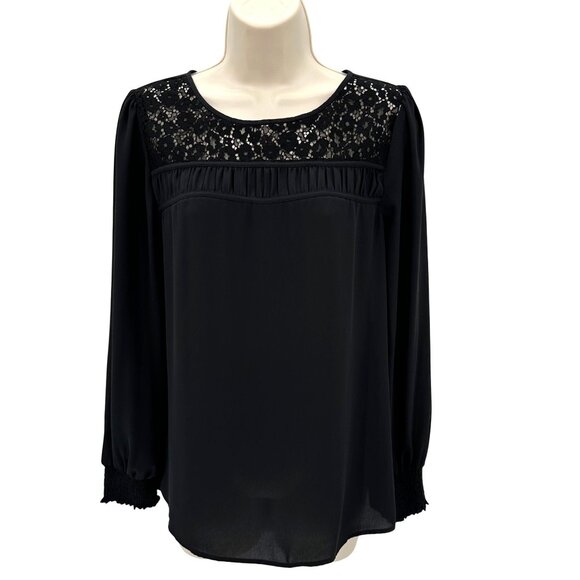 Loft Womens Black Lace Yoke Long Sleeve Blouse Size S - Picture 1 of 9